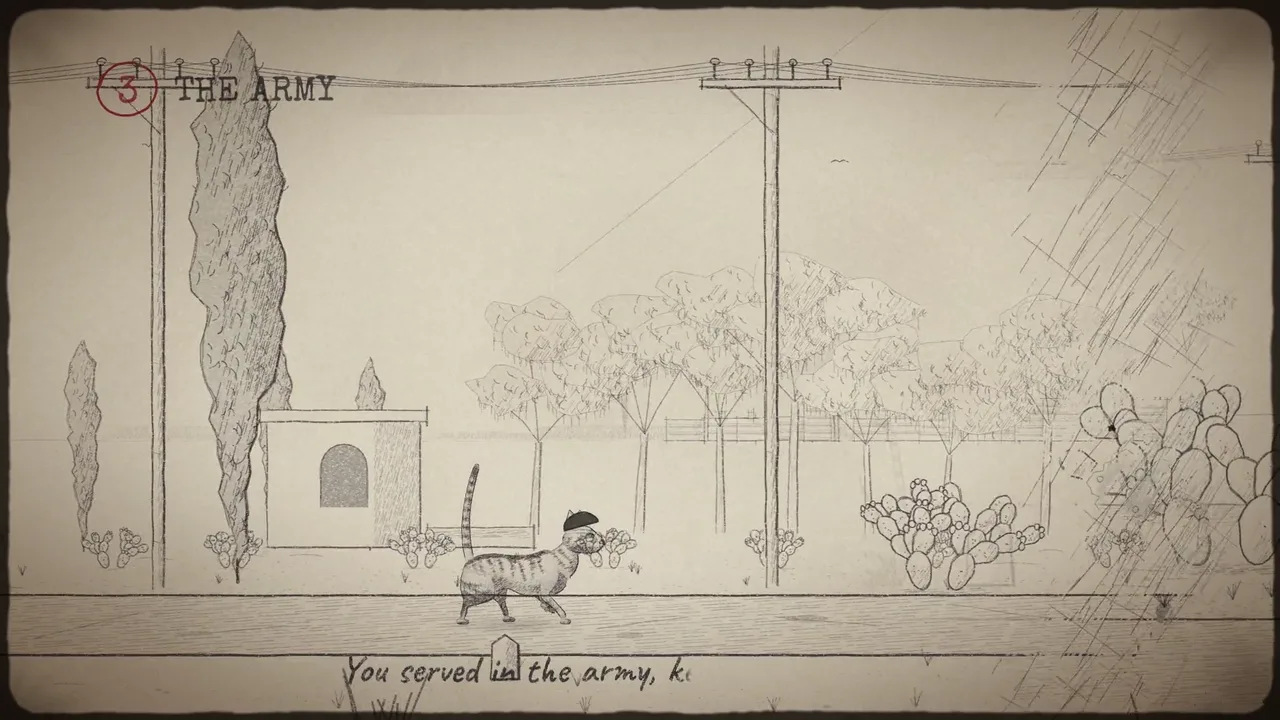 The cat in a soldier's beret walking past a cactus