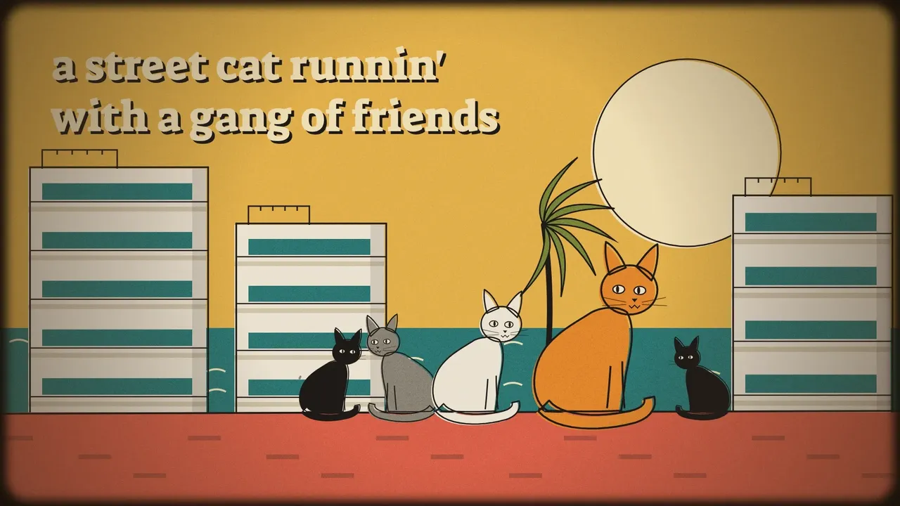 A rejected look board: flat 1950s cartoon cats on a yellow and teal street