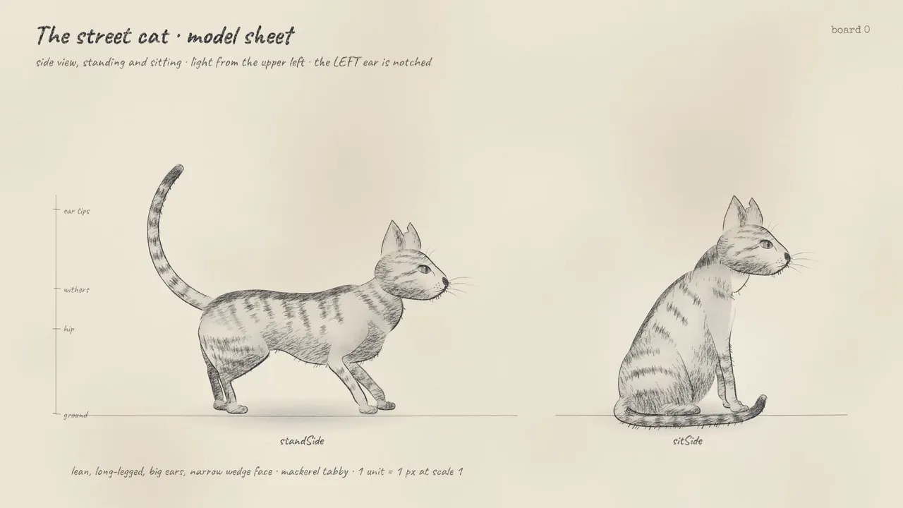 The street cat's model sheet: side view standing and sitting, drawn in pencil, with the left ear notched
