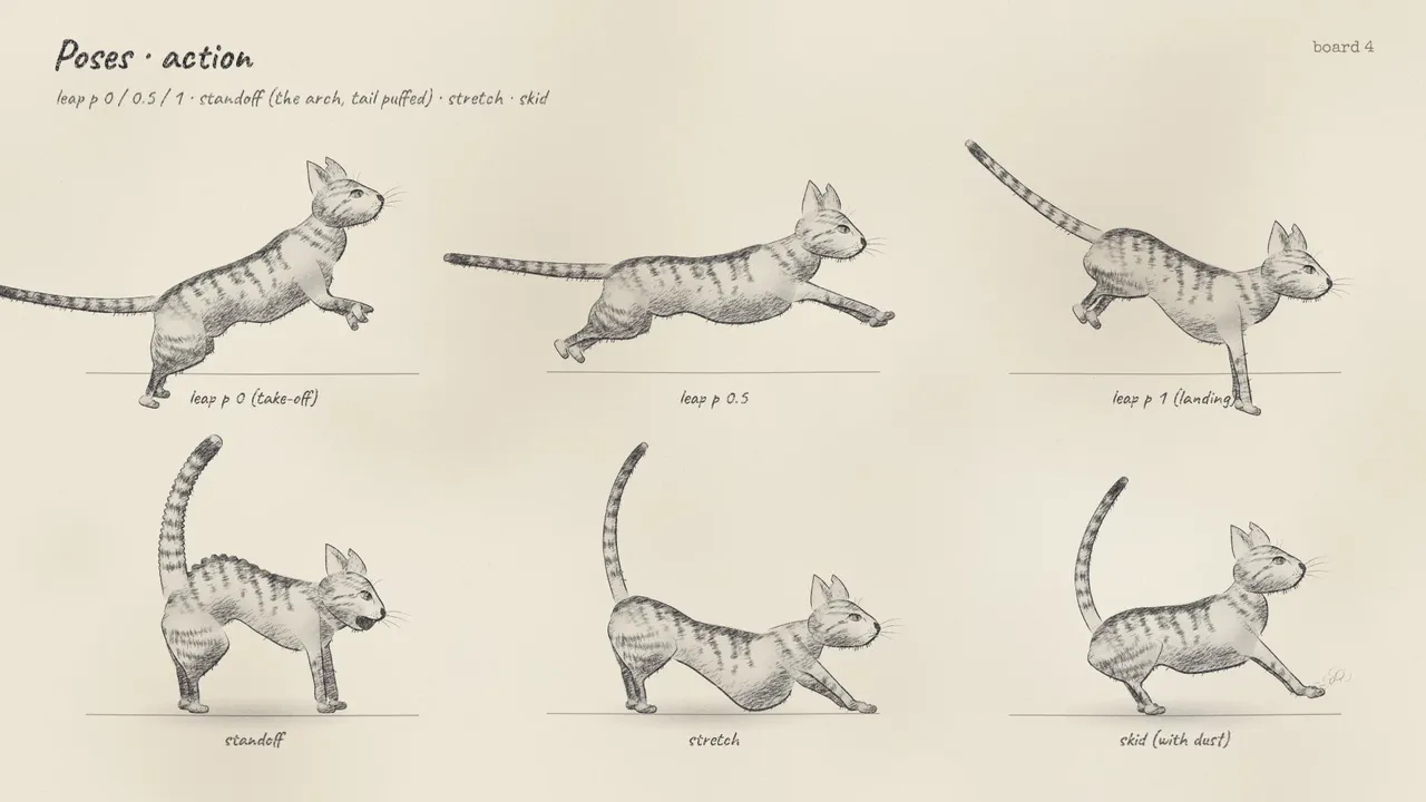 The cat's action poses: a leap in three stages, a standoff with the back arched, a stretch, a skid