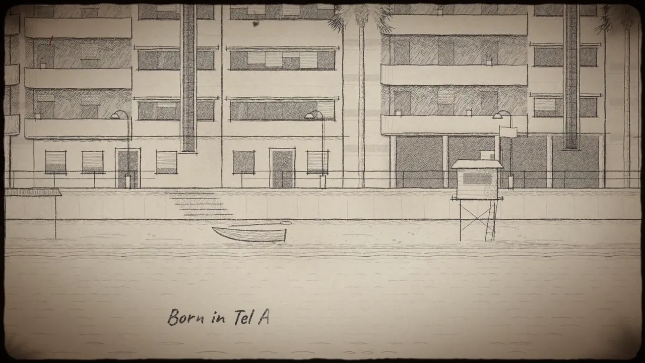 Tel Aviv, drawn in pencil: apartment blocks along the sea wall